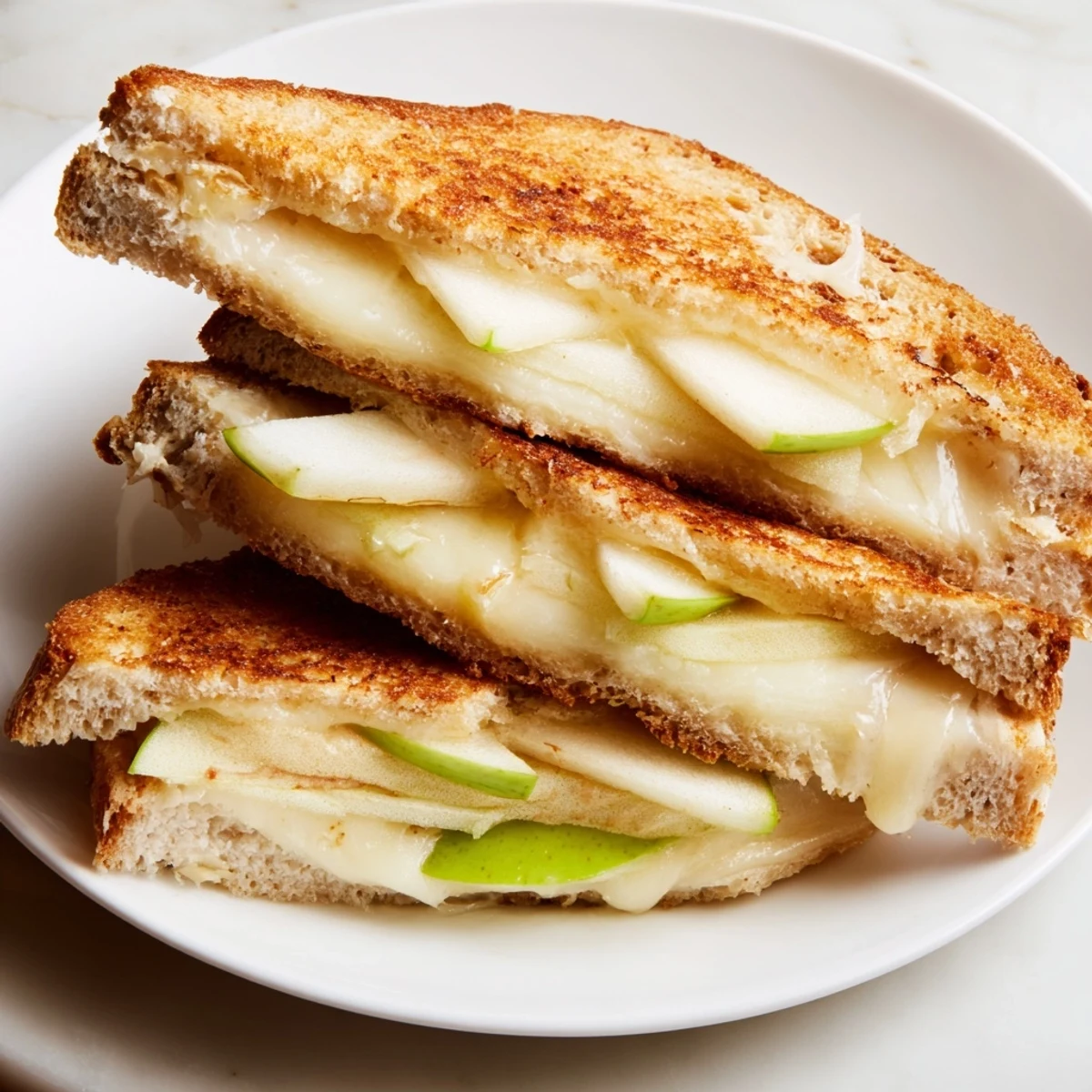 Golden, melted Brie and apple grilled cheese, a warm, comforting sandwich ready to enjoy.