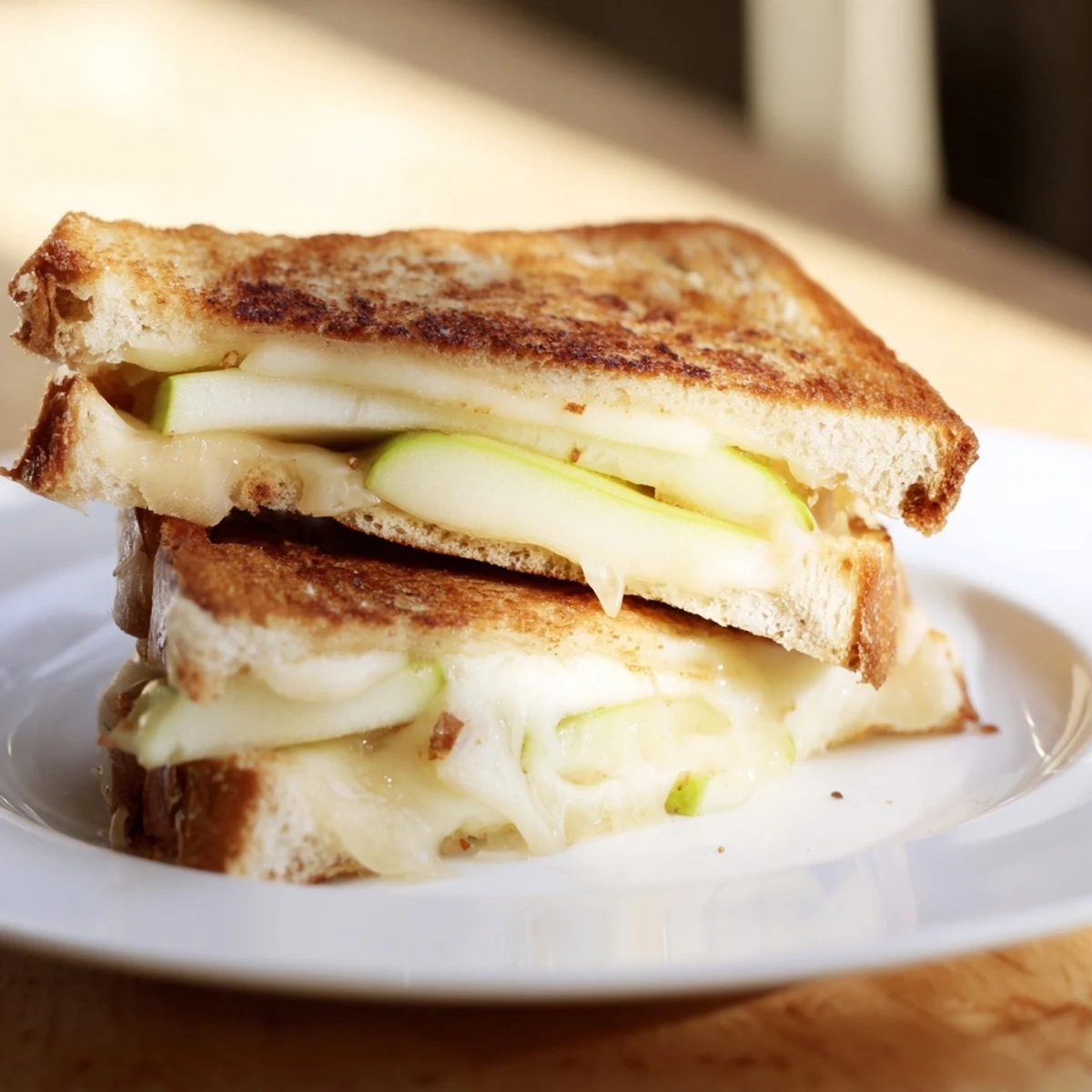 Crisp apple and creamy Brie grilled cheese sandwich, perfectly toasted and oozing delicious cheese.
