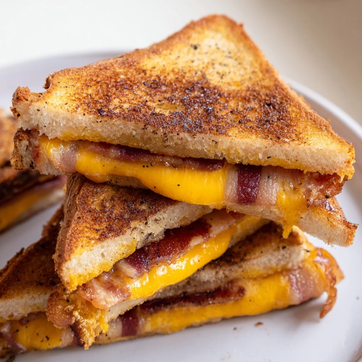 Perfectly melted cheddar oozes from the Crispy Bacon Cheddar Grilled Cheese, ready to eat alongside tomato soup.