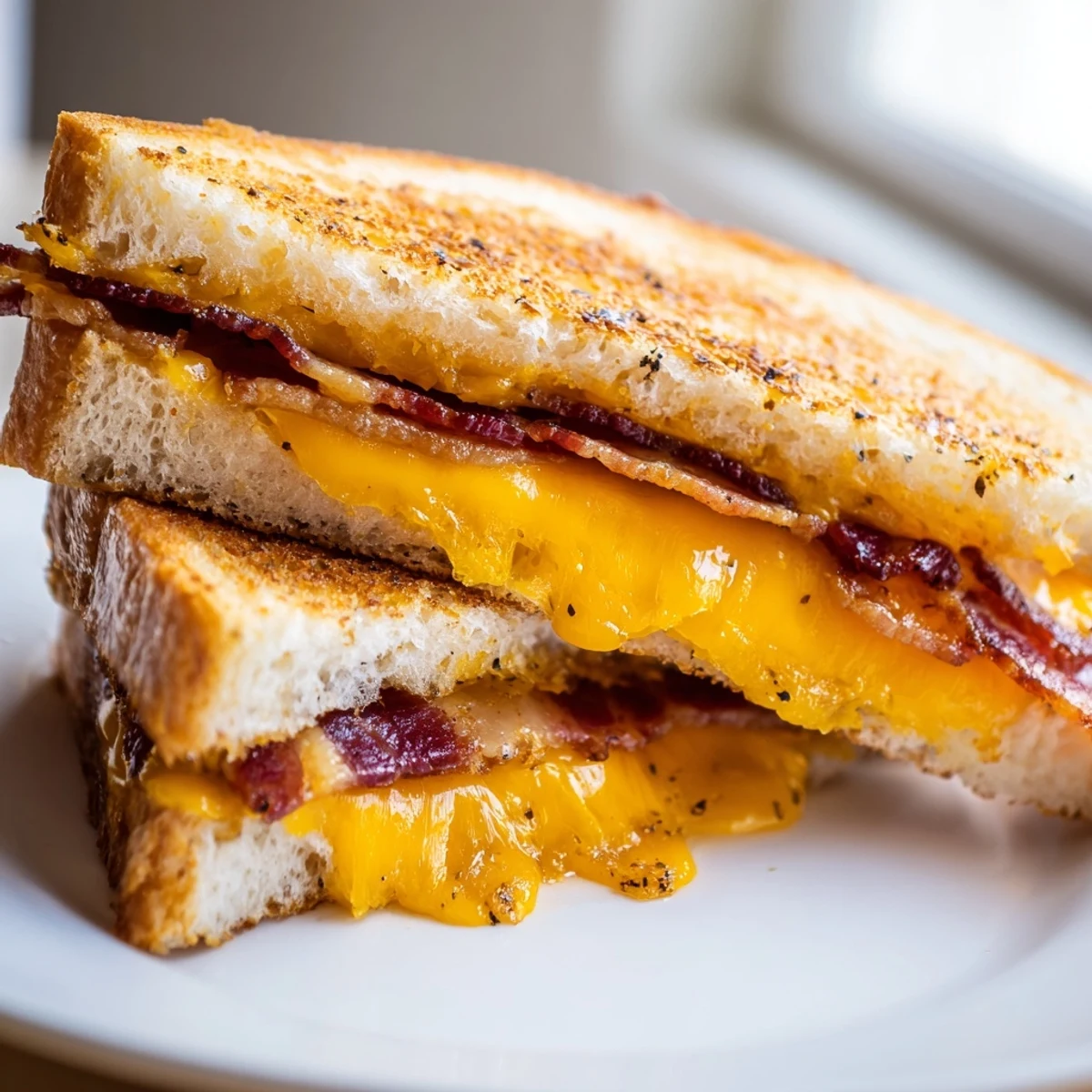 A close-up shot of the savory, golden Crispy Bacon Cheddar Grilled Cheese, with crispy bacon bits visible.