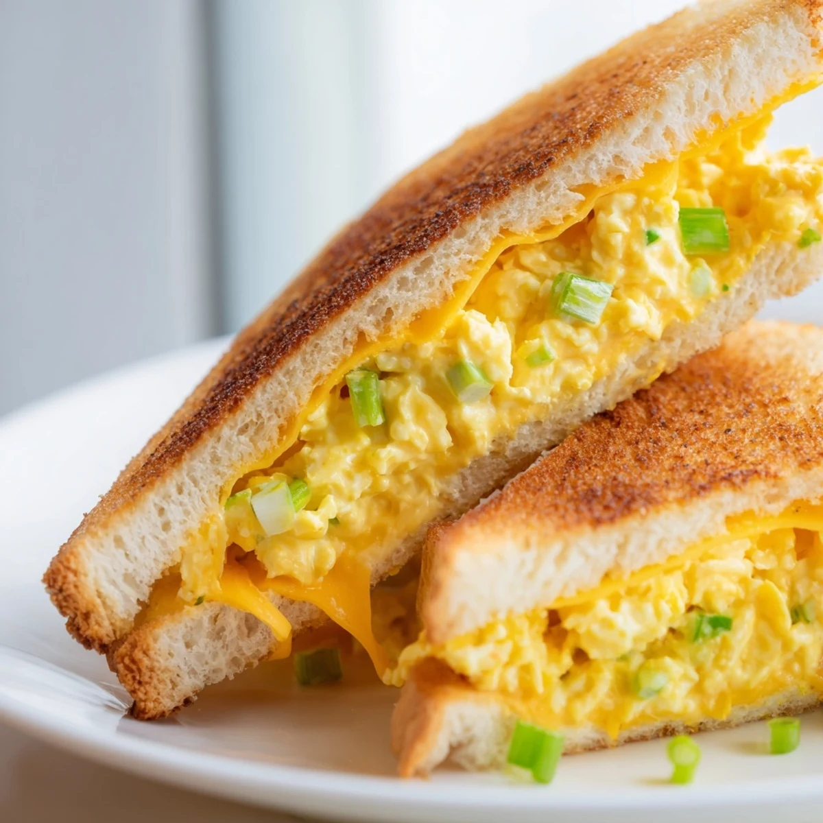 Golden-brown Egg Salad Grilled Cheese sandwich, oozing melted cheese, a comforting lunch delight.