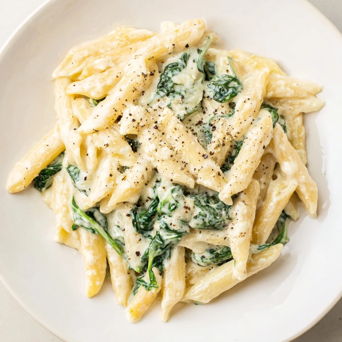 Creamy Spinach Pasta swimming in a rich, creamy sauce, ready for a comforting bite.