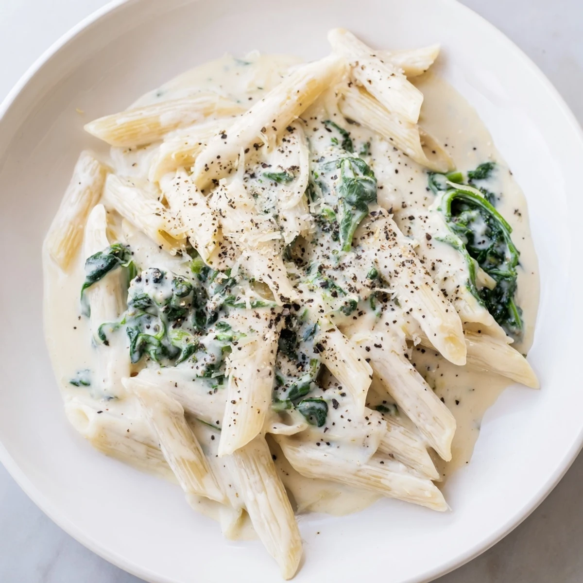 A bowl of Creamy Spinach Pasta, garnished with parmesan, perfect for a cozy dinner.