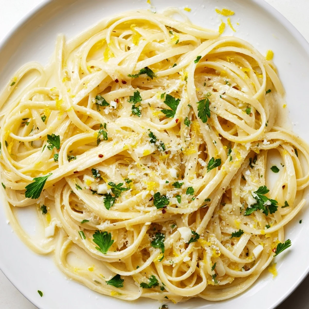 Golden, creamy garlic butter linguine with fresh parsley, ready for a delicious Italian dinner.