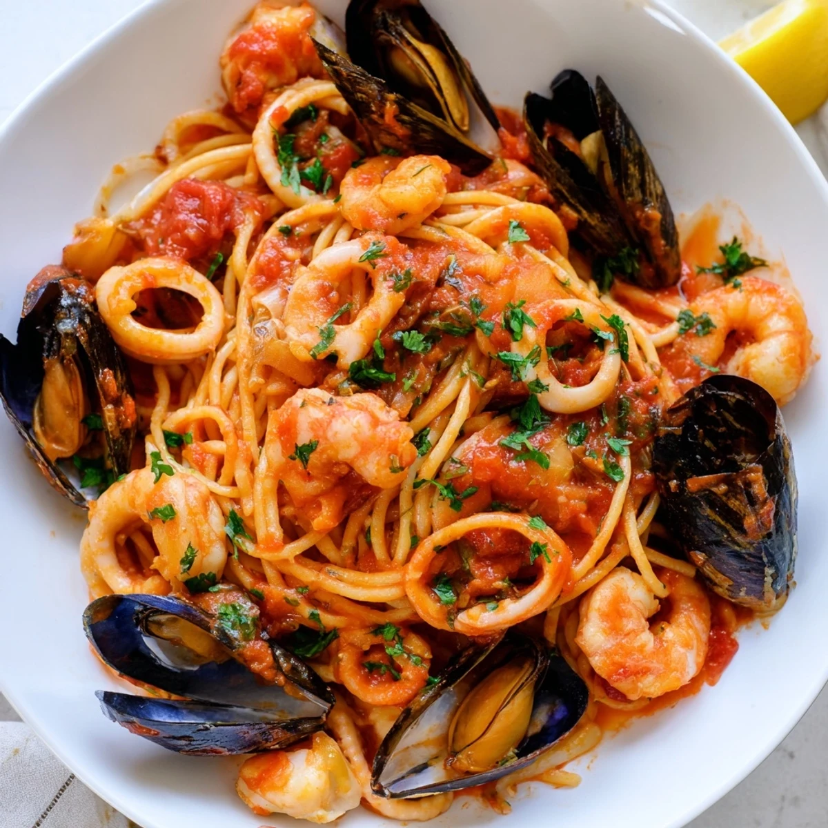 Steaming Seafood Marinara Pasta, featuring plump shrimp and mussels, ready to enjoy with a squeeze of lemon.