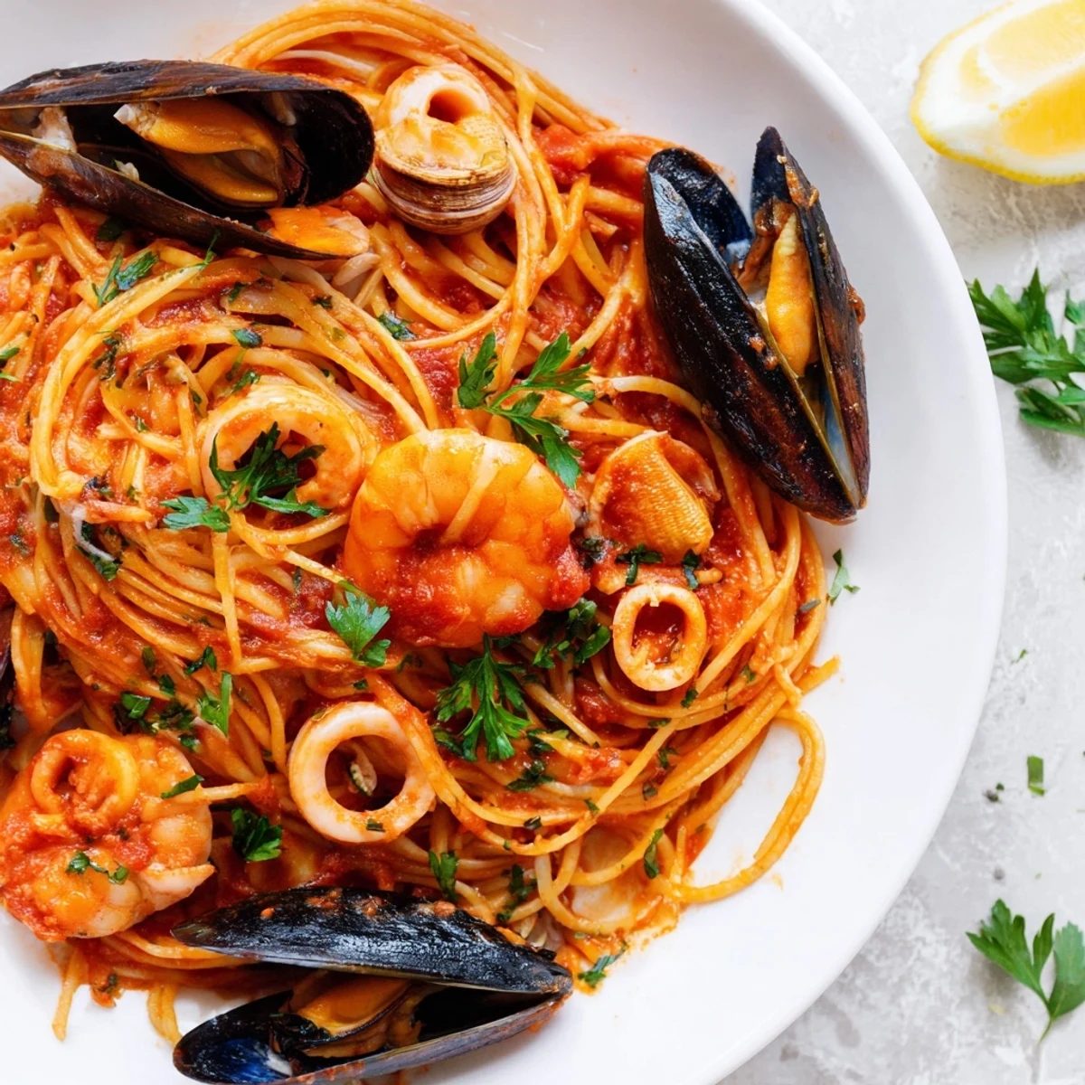 Perfectly cooked pasta enrobed in a rich tomato sauce, this Seafood Marinara Pasta is an Italian feast.