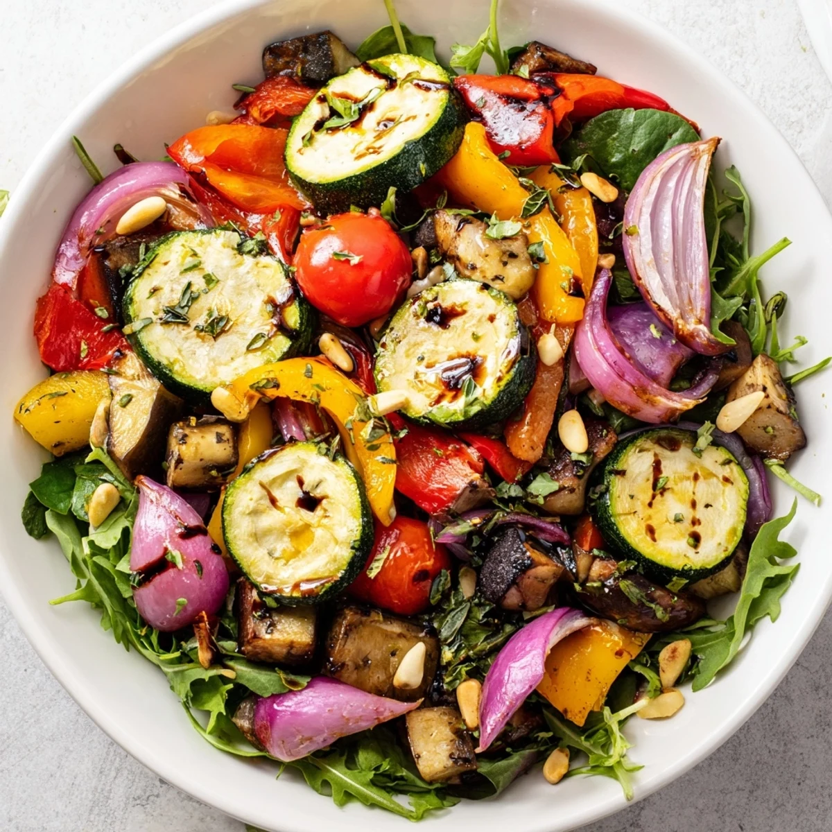 Warm and colorful Roasted Vegetable Salad with tender vegetables and a tangy balsamic dressing.