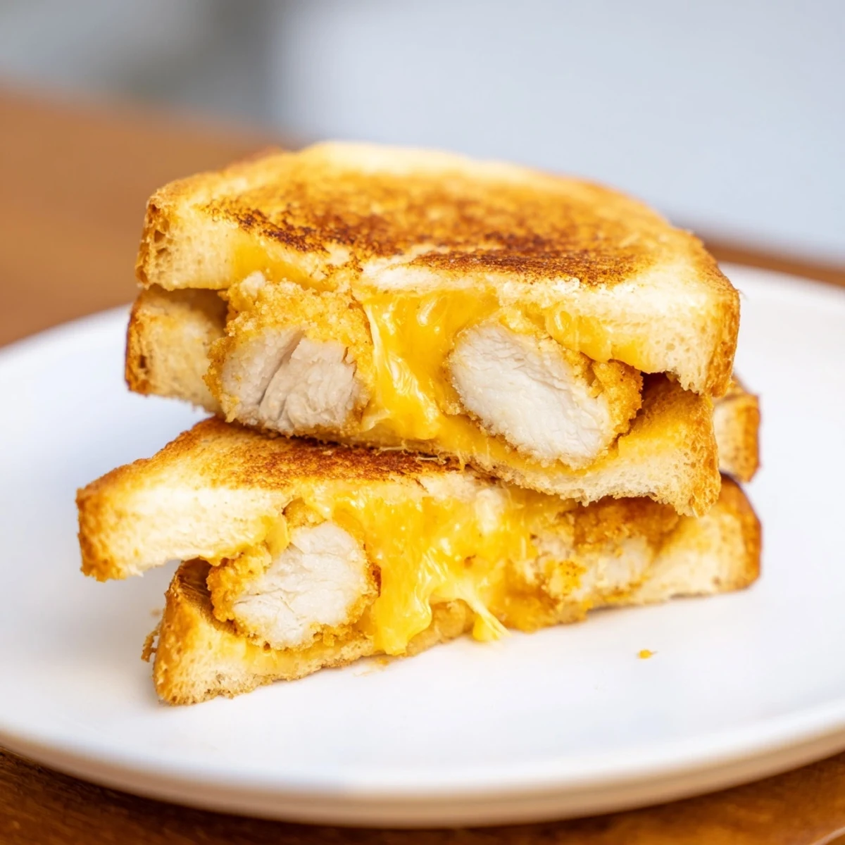 Chicken Nugget Grilled Cheese with melted cheddar oozing out of golden toasted bread.