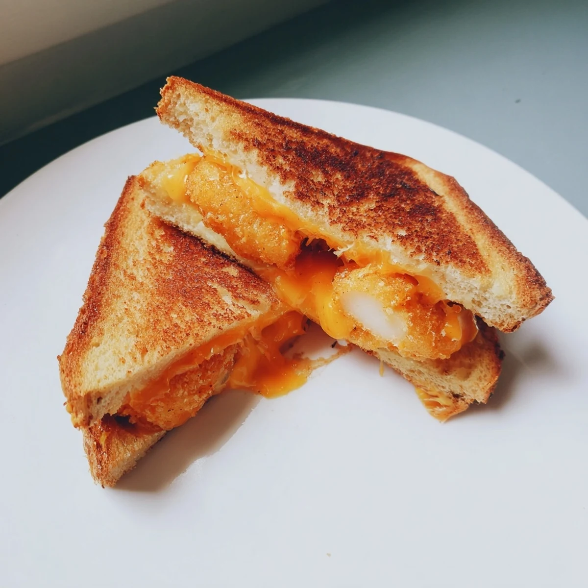 A close-up of a Chicken Nugget Grilled Cheese sandwich, cut in half, ready to enjoy.