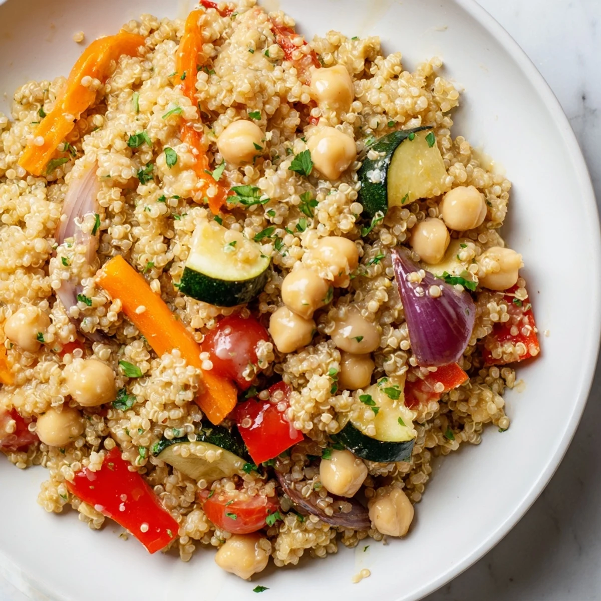 This vibrant quinoa power salad features colorful roasted vegetables, ready for a healthy meal.