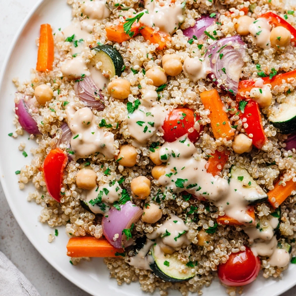 Fluffy quinoa power salad with roasted vegetables, chickpeas, and creamy tahini dressing, delicious!