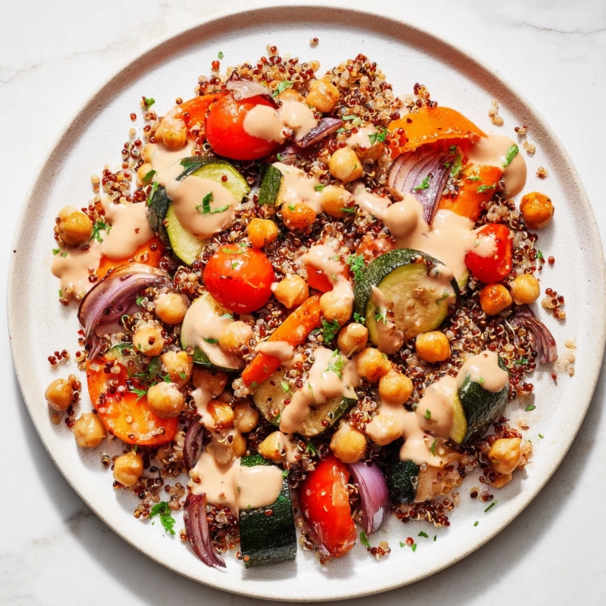A close-up of a refreshing quinoa power salad, showing off the perfectly cooked ingredients.
