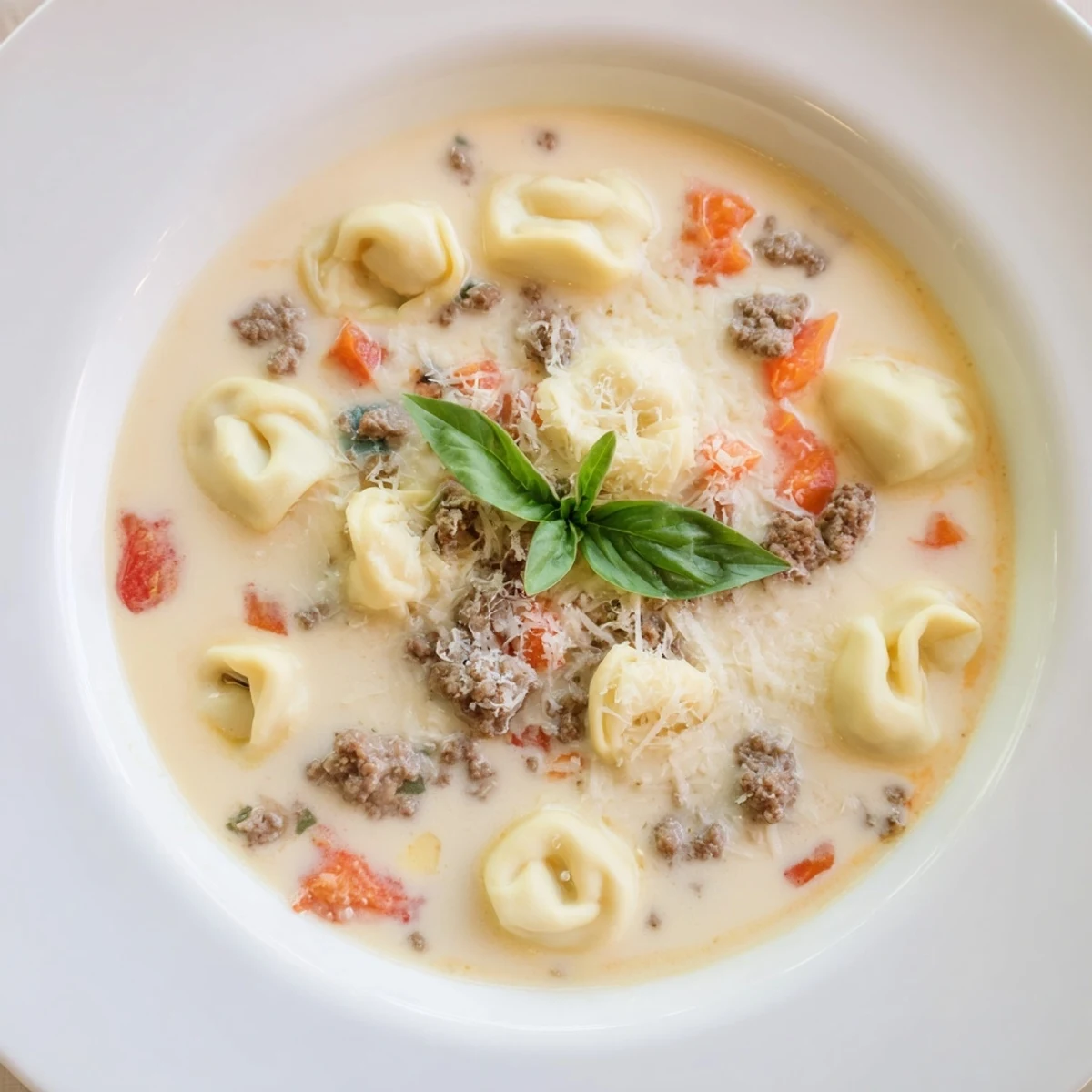 Close-up view of creamy Tortellini Beef Soup, garnished with Parmesan and fresh basil, ready to eat.