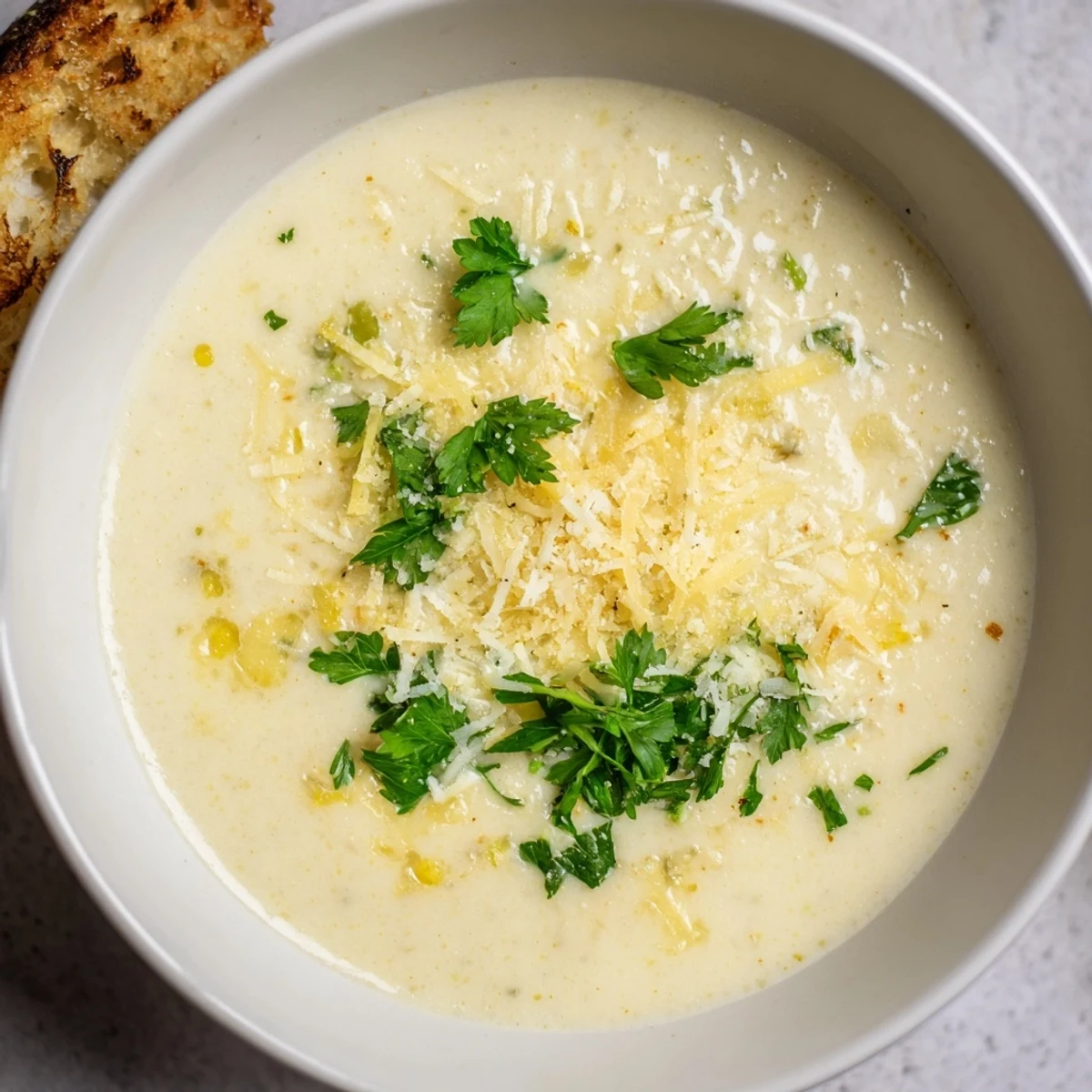 Golden, creamy garlic bread soup garnished with fresh parsley, ready to savor.