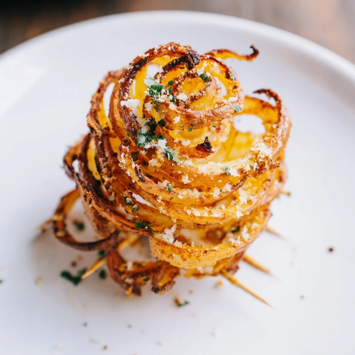 Golden, crispy Tornado Potatoes spirals, seasoned and ready to eat, a fun and delicious snack.