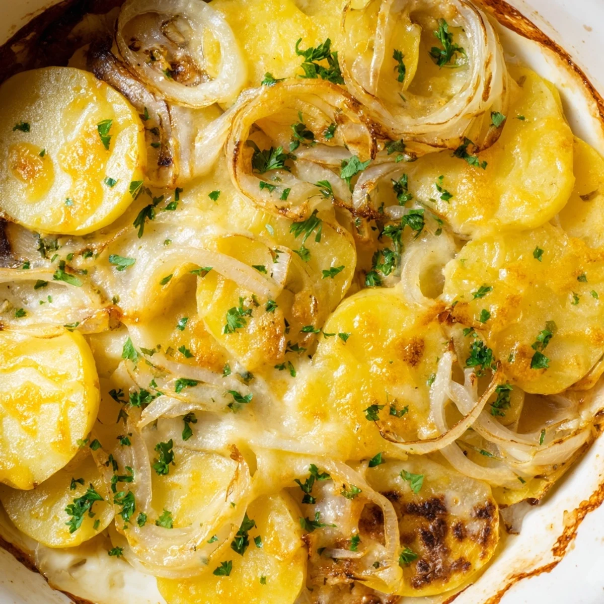 Golden, bubbly French Onion Soup Potatoes with melted Gruyère, a comforting vegetarian side dish.