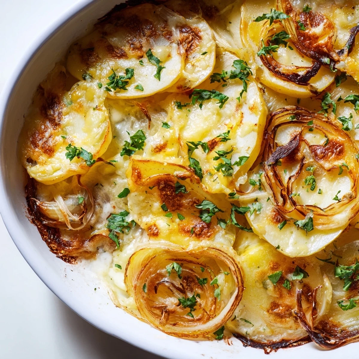 A close-up of cheesy French Onion Soup Potatoes, showcasing caramelized onions atop golden potato slices.
