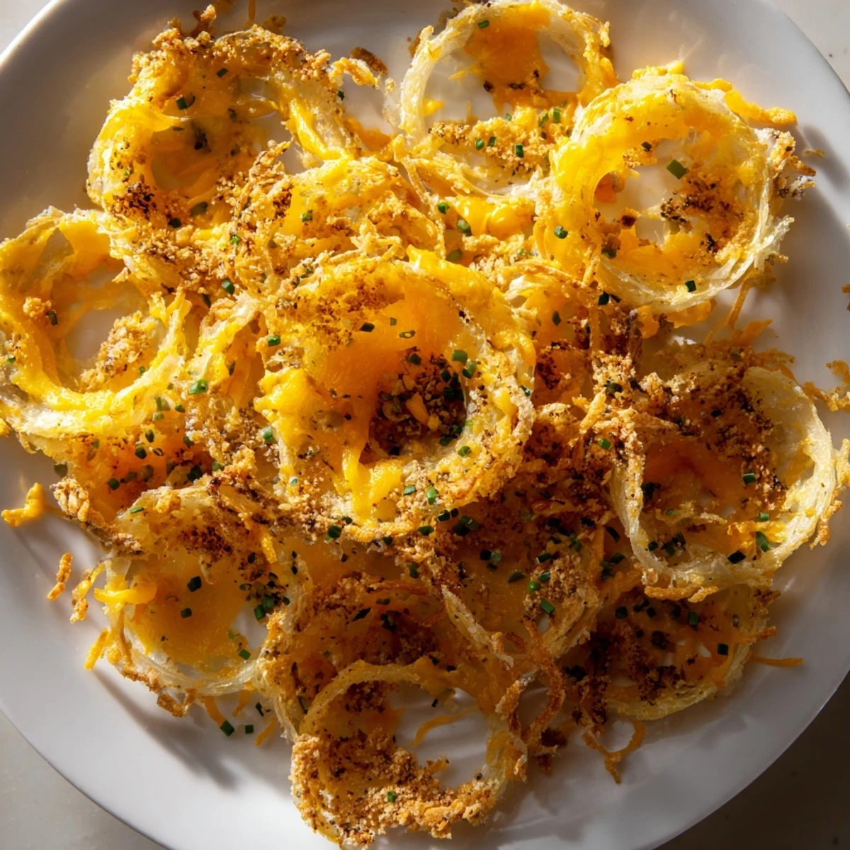 Golden, melty Crispy Onion Cheese Chips with perfectly browned edges and fresh chives sprinkled on top.