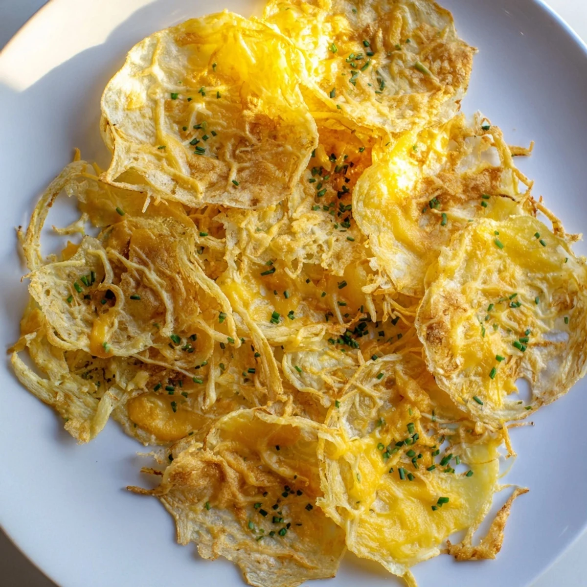 Air-fried Crispy Onion Cheese Chips, a low-carb snack, featuring crispy fried onions and bubbly cheese.