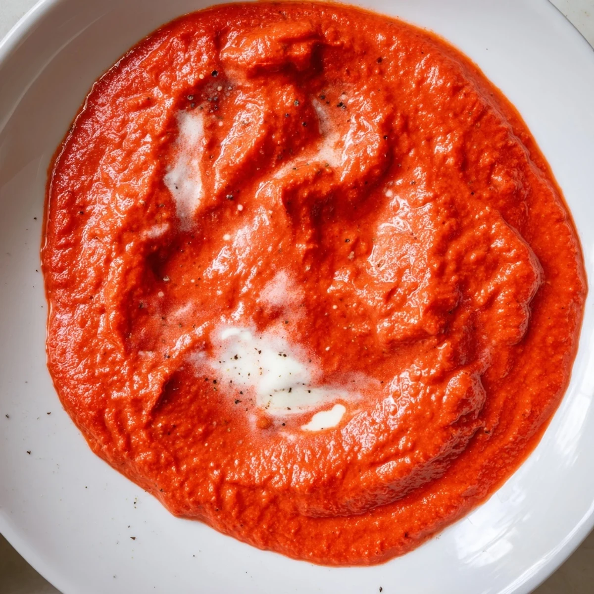 A close-up of the Instant Creamy Marinara Hack, swirling smoothly in a warm saucepan.