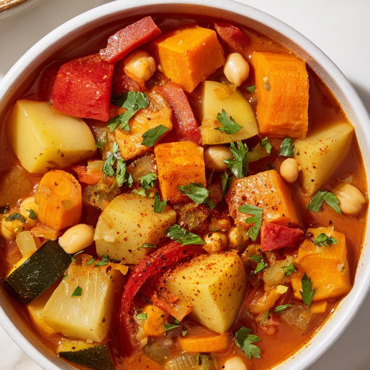 A steaming bowl of Hearty Vegan Sweet Potato Stew, filled with vibrant vegetables and rich broth.