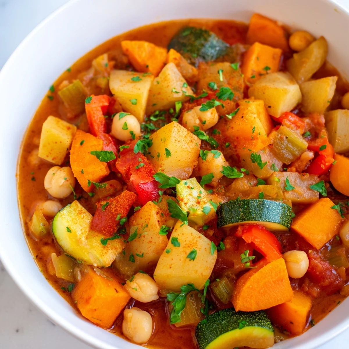 Close-up of a flavorful Hearty Vegan Sweet Potato Stew, perfect for a cozy, satisfying dinner.