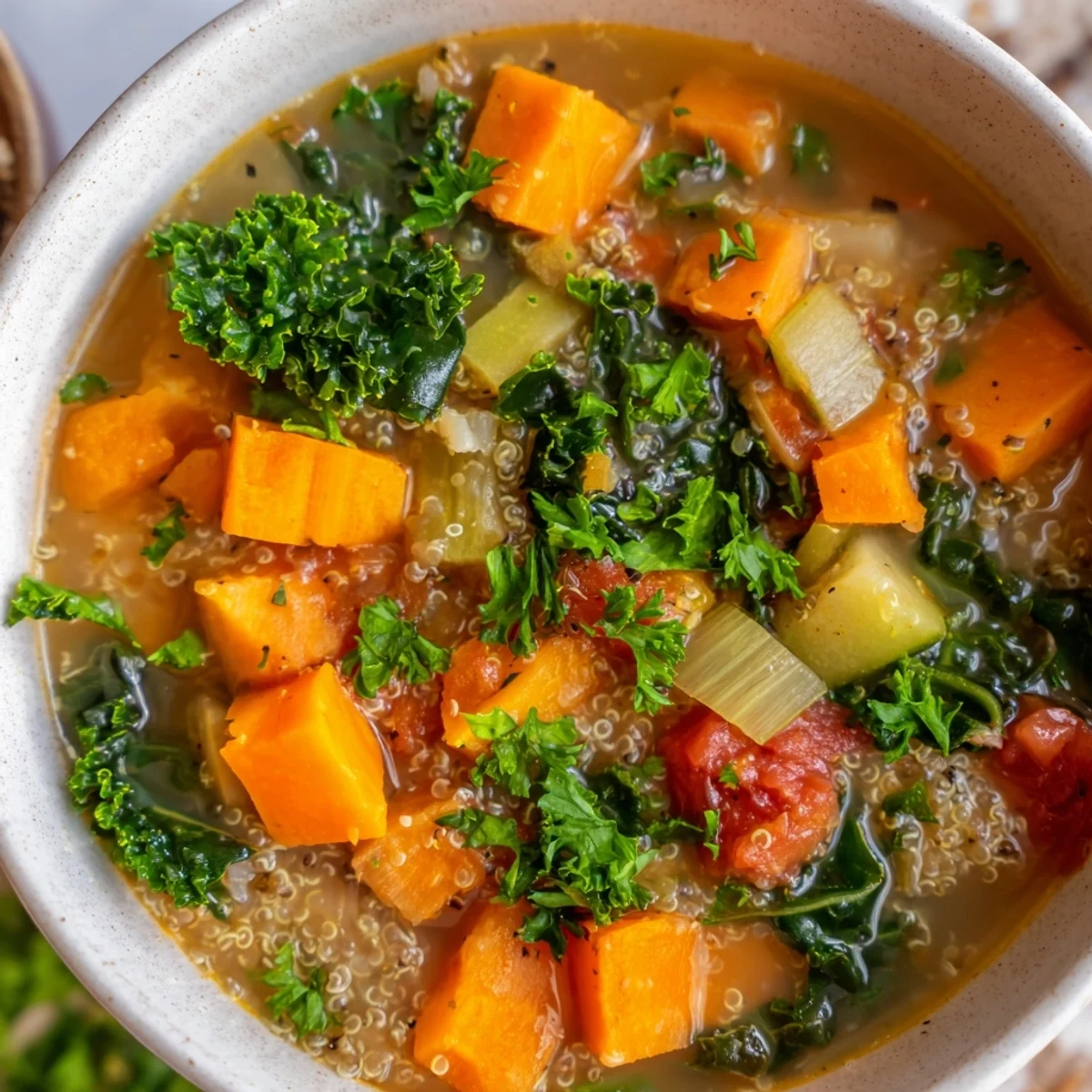 Steaming bowl of Nourishing Winter Veggie Soup, vibrant with colorful vegetables, ready to eat.