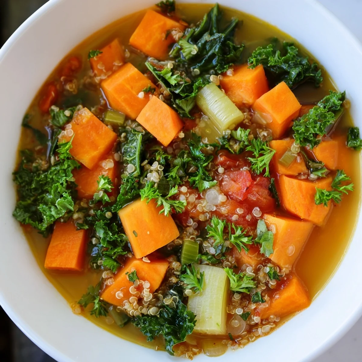A close-up of a bowl of comforting Nourishing Winter Veggie Soup, perfect for a cold winter night.