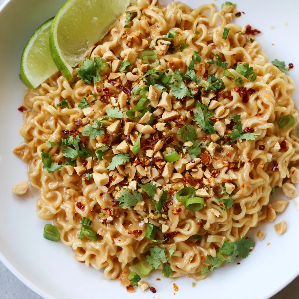 Bright overhead shot highlighting creamy, saucy Instant Peanut Thai Sauce Noodles with fresh garnishes.