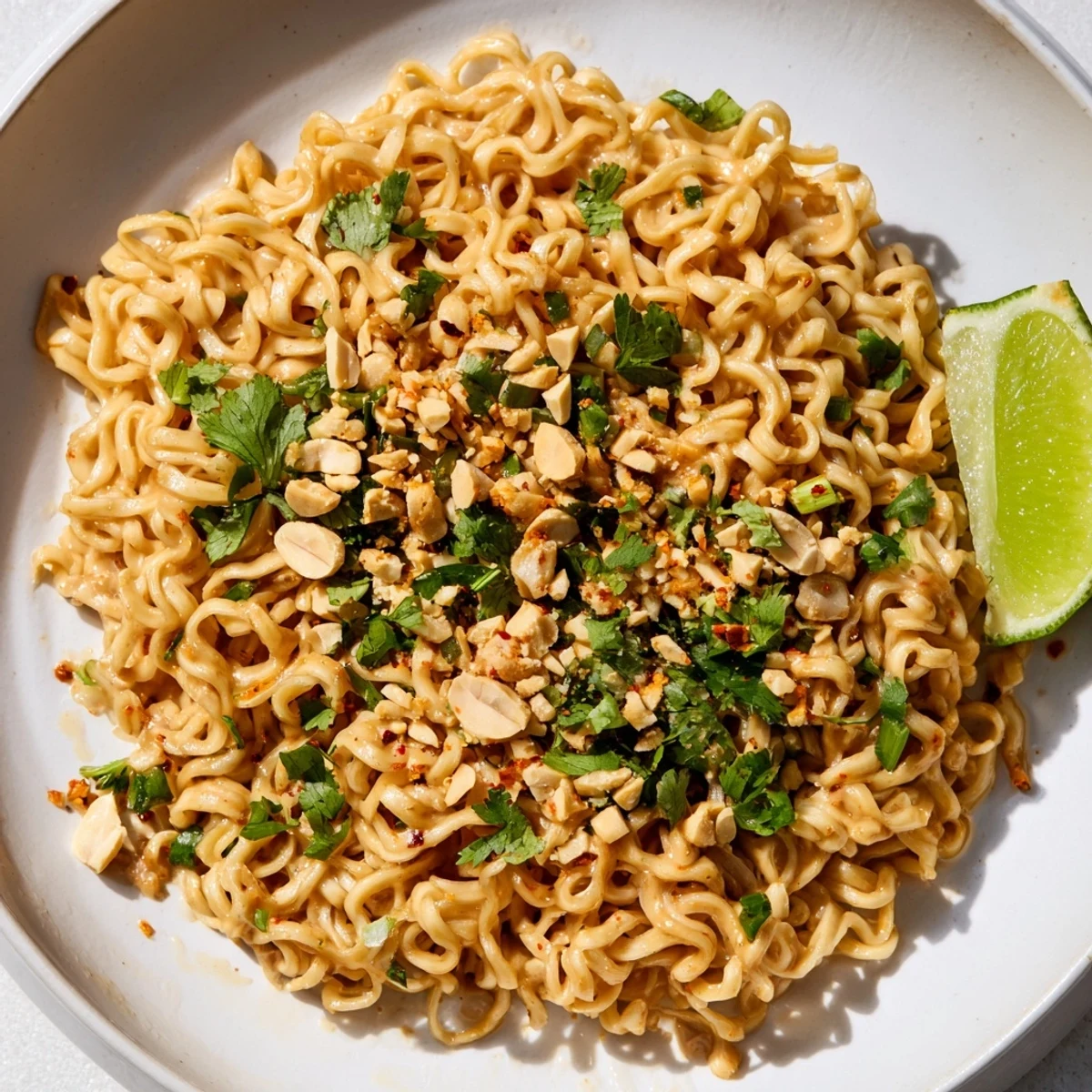 Steaming bowl of Instant Peanut Thai Sauce Noodles, generously topped and ready to eat.