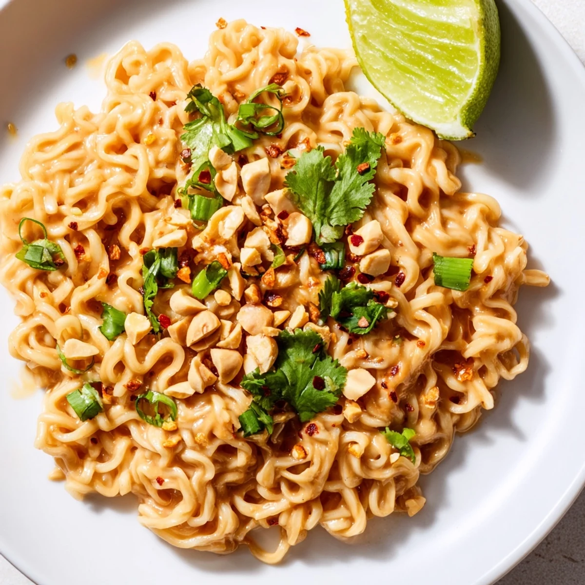 Close-up of freshly made Instant Peanut Thai Sauce Noodles, showcasing textures and vibrant ingredients.
