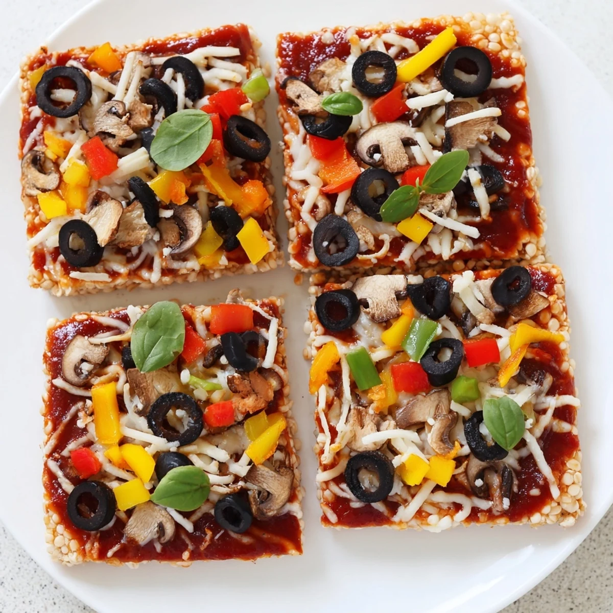 Crispy Rice Cake Pizza Squares, baked with melted cheese and fresh basil, ready to eat.