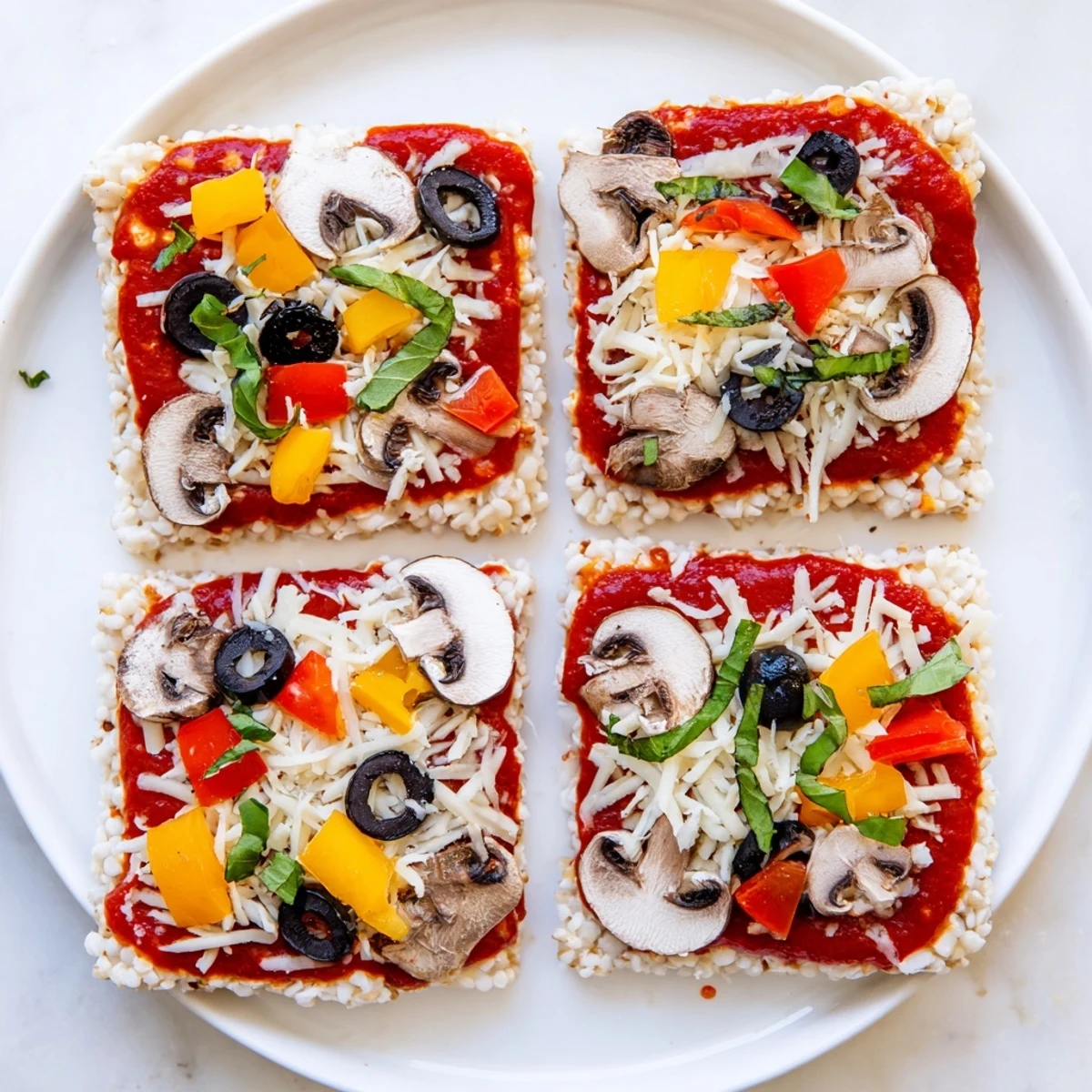 Warm Rice Cake Pizza Squares offering a gluten-free twist on pizza, loaded with delicious toppings.