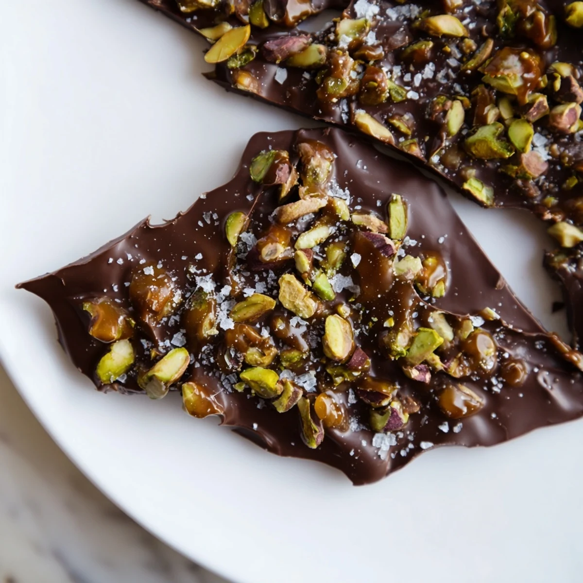 A beautiful plate of Pistachio Salted Caramel Bark shows off its vibrant green pistachios.