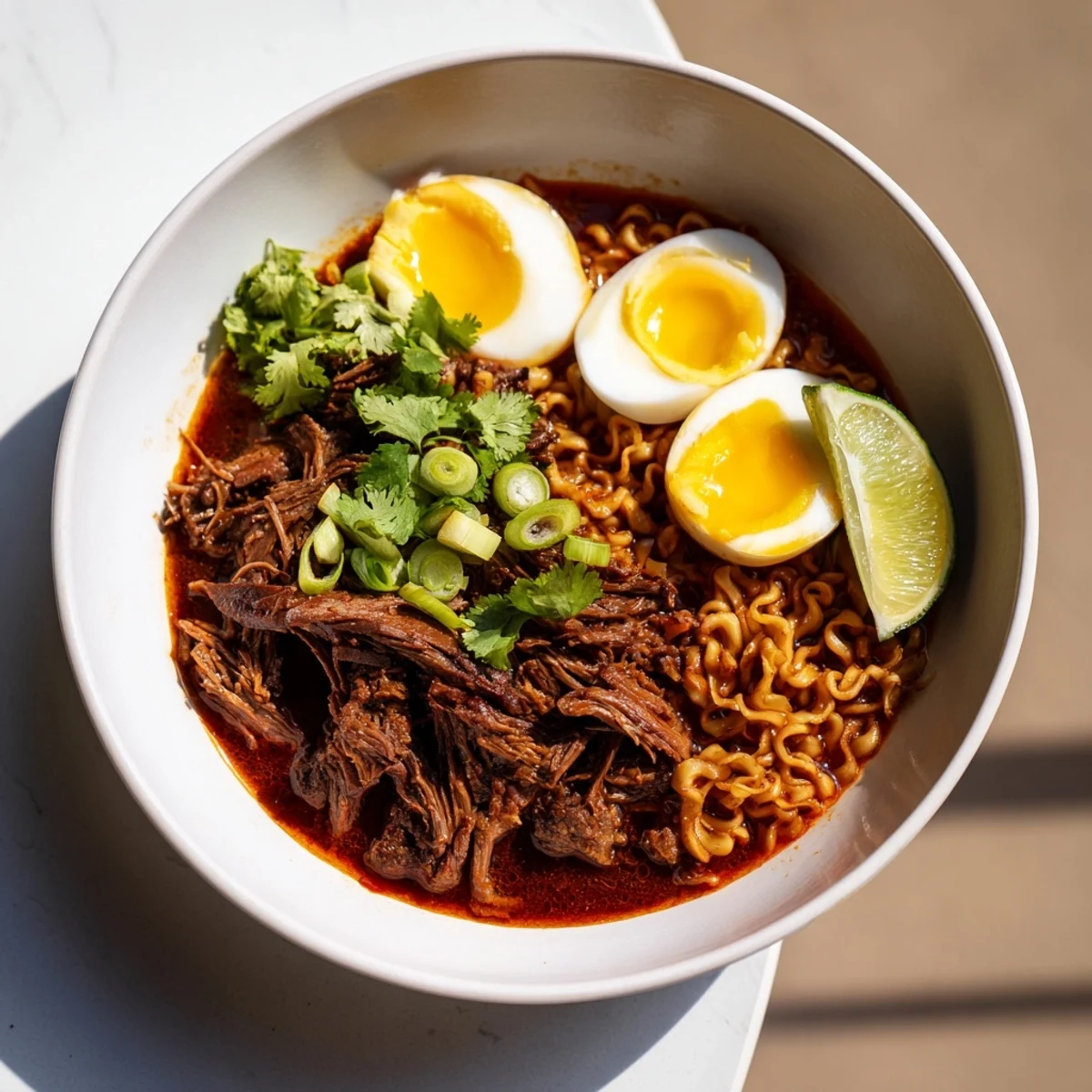 Chaos Cooking Birria Ramen, a steaming bowl with tender beef, noodles, and vibrant toppings.