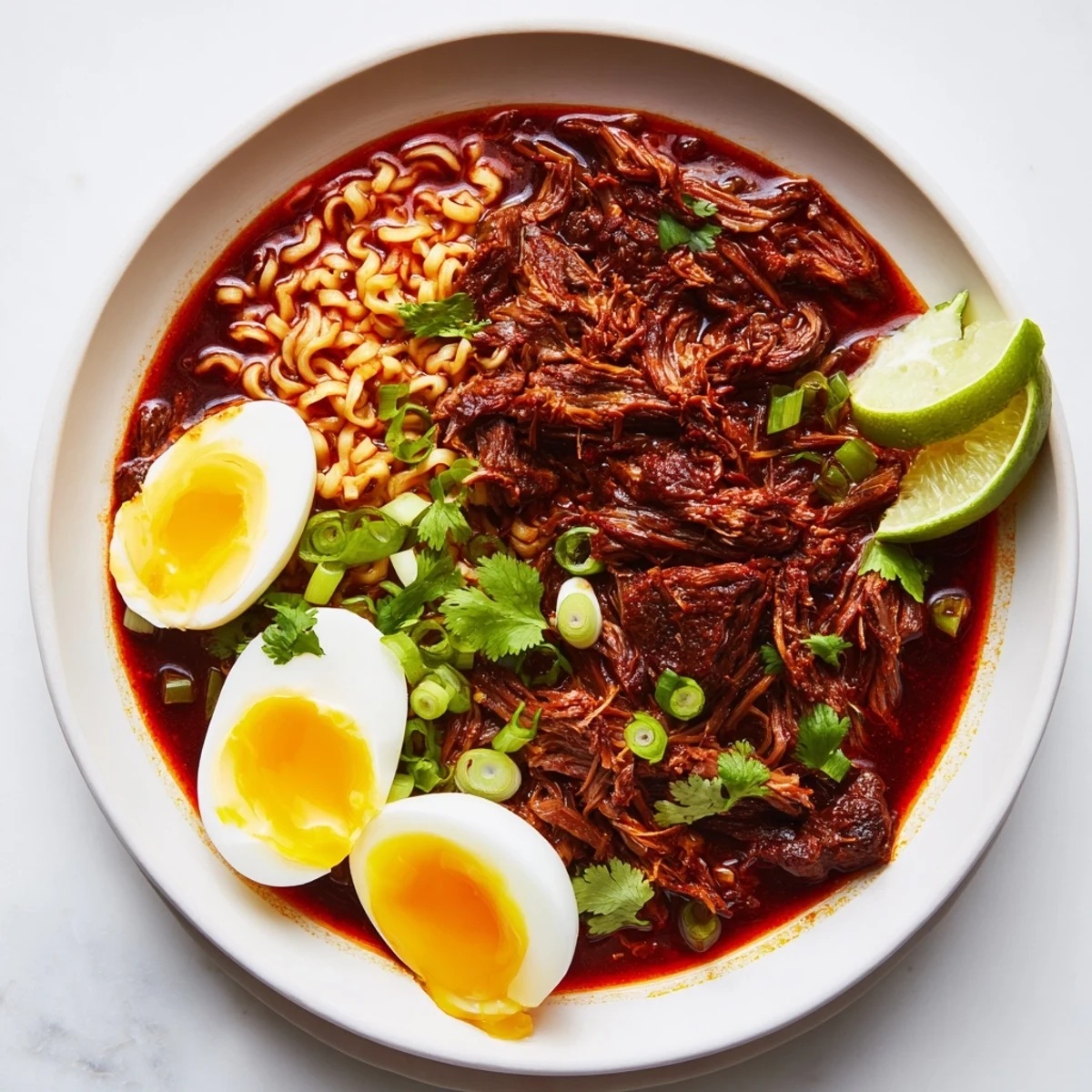 Savor the flavorful birria ramen: rich broth, shredded beef, soft-boiled egg, and fresh cilantro.