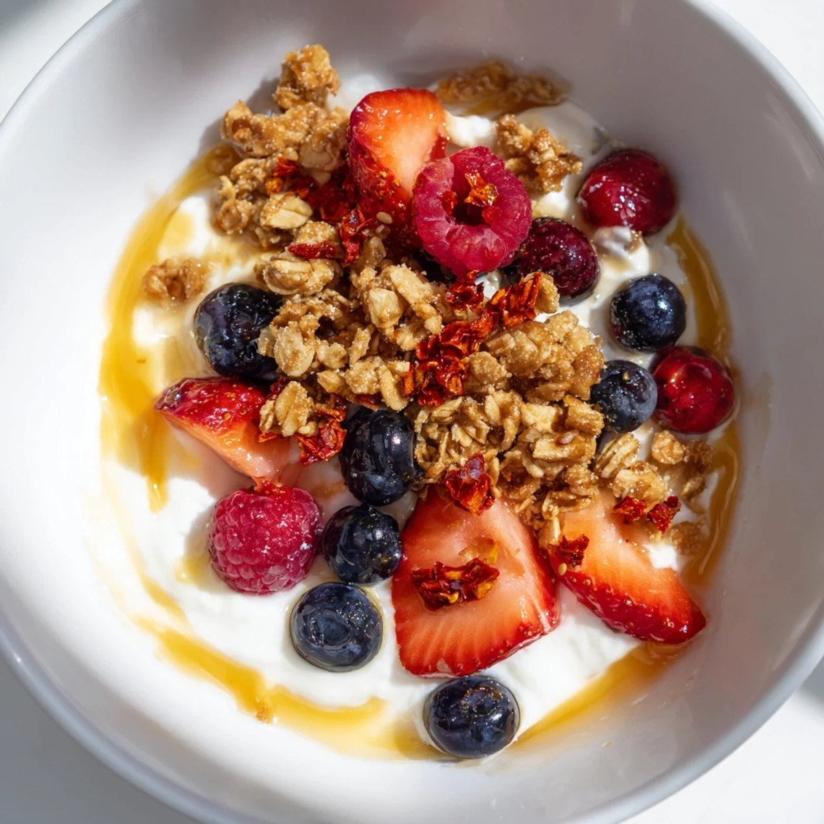 Cottage cheese hot honey bowl with vibrant berries and crunchy granola ready for a delicious breakfast.