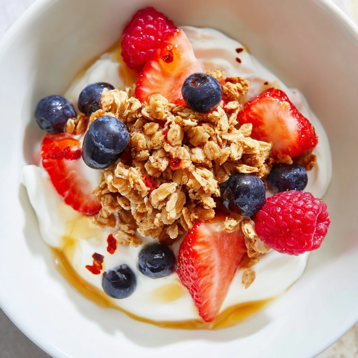 A close-up of a refreshing cottage cheese hot honey bowl, drizzled with spicy honey and fresh berries.