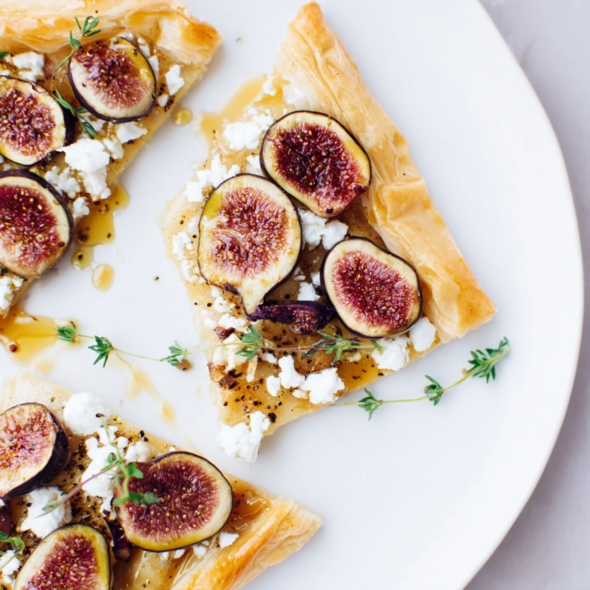 Golden-brown puff pastry pizza with figs, goat cheese, and truffle oil—a decadent appetizer.