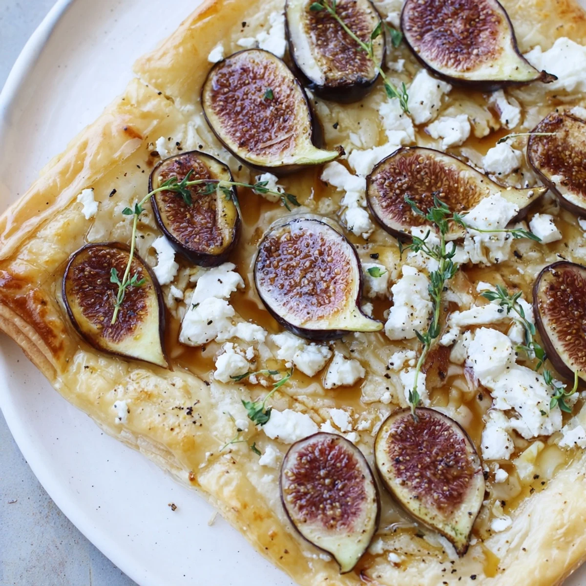 Warm and bubbly puff pastry truffle pizza topped with figs, goat cheese, for a gourmet meal ideal for sharing.