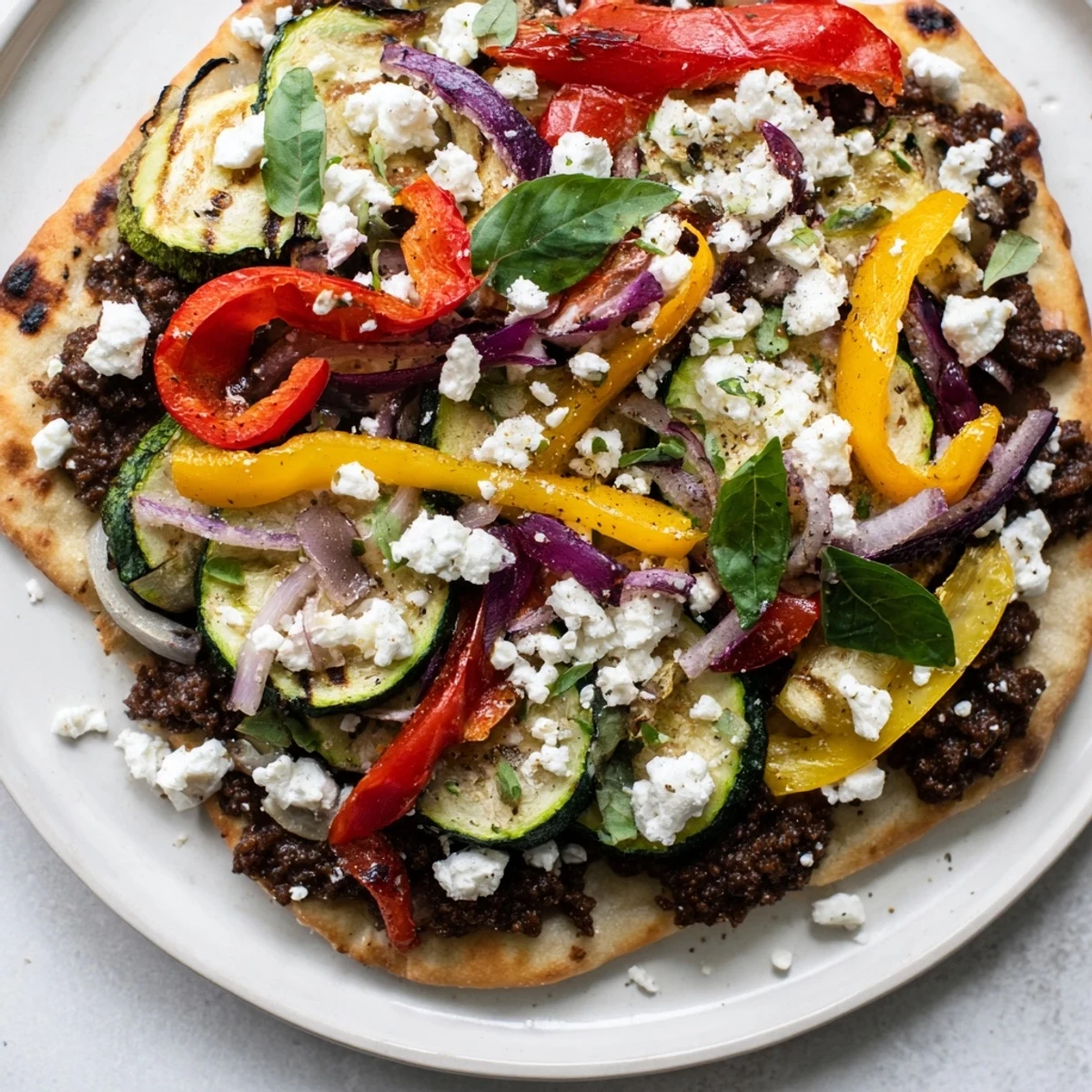Naan bread pizza features vibrant roasted vegetables and creamy feta on a toasted naan base.