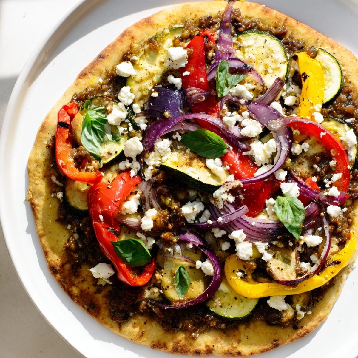 Mediterranean delight: golden, bubbling naan bread pizza topped with colorful roasted veggies and feta.