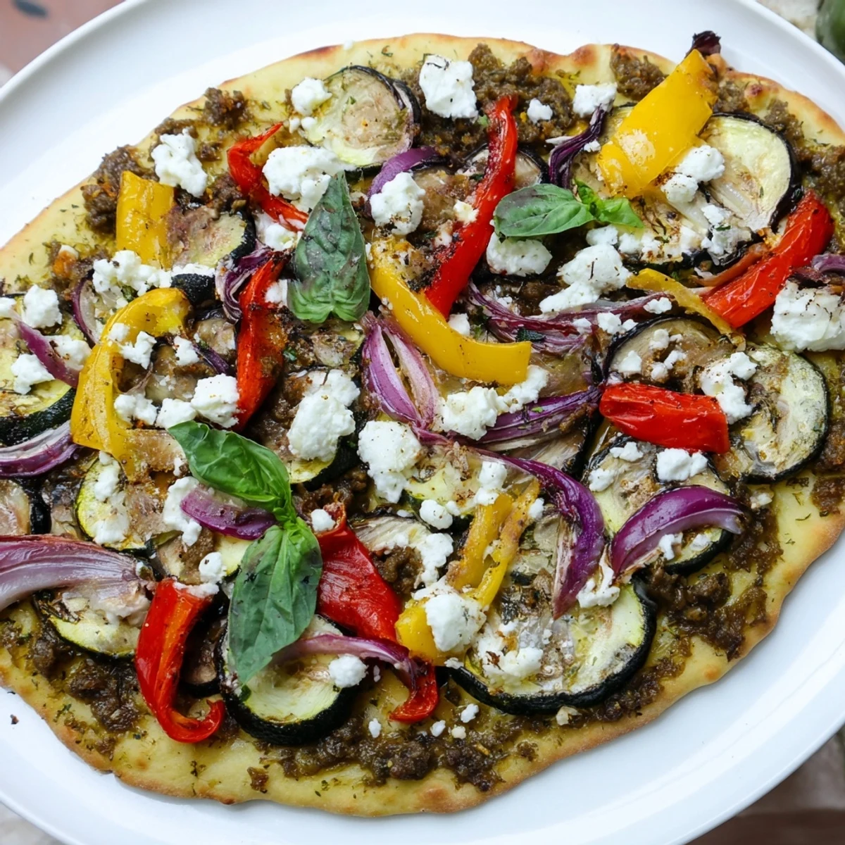 Enjoy a slice of this irresistible naan bread pizza with fresh basil and a flavorful olive tapenade.