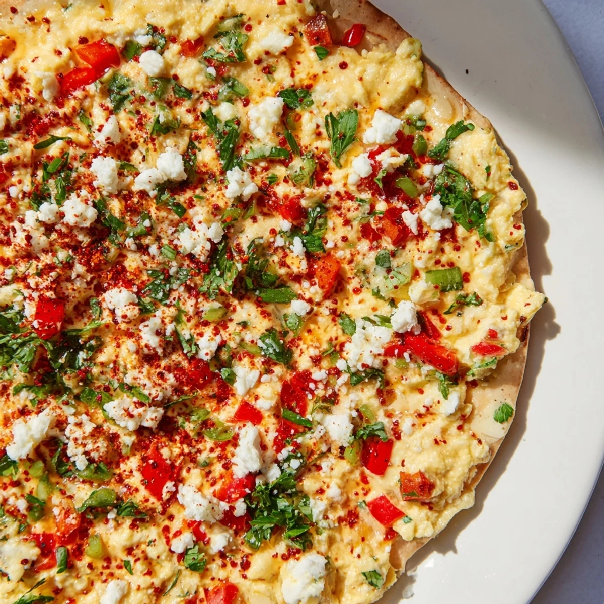 Golden Turkish Menemen Eggs Pizza, topped with crumbled feta and fresh parsley, steaming hot.