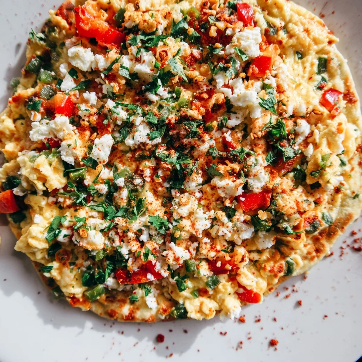 Enjoy a slice of Turkish Menemen Eggs Pizza, a delicious brunch, with a vibrant scrambled egg topping.