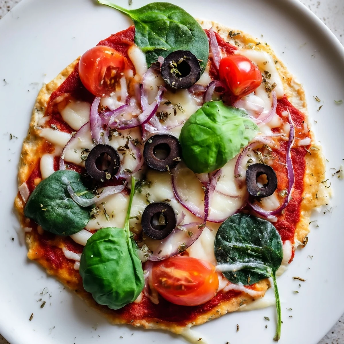 A close-up of a fully-loaded Crispy Tortilla Pizza, fresh from the oven, ready to eat.