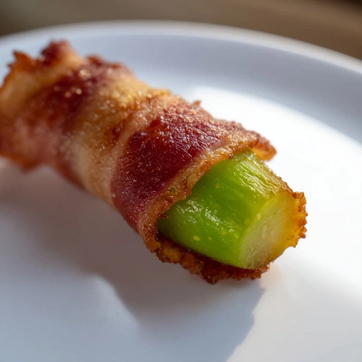 Golden-brown bacon-wrapped pickles baked to crispy perfection on a wooden serving board, ready for dipping in ranch.