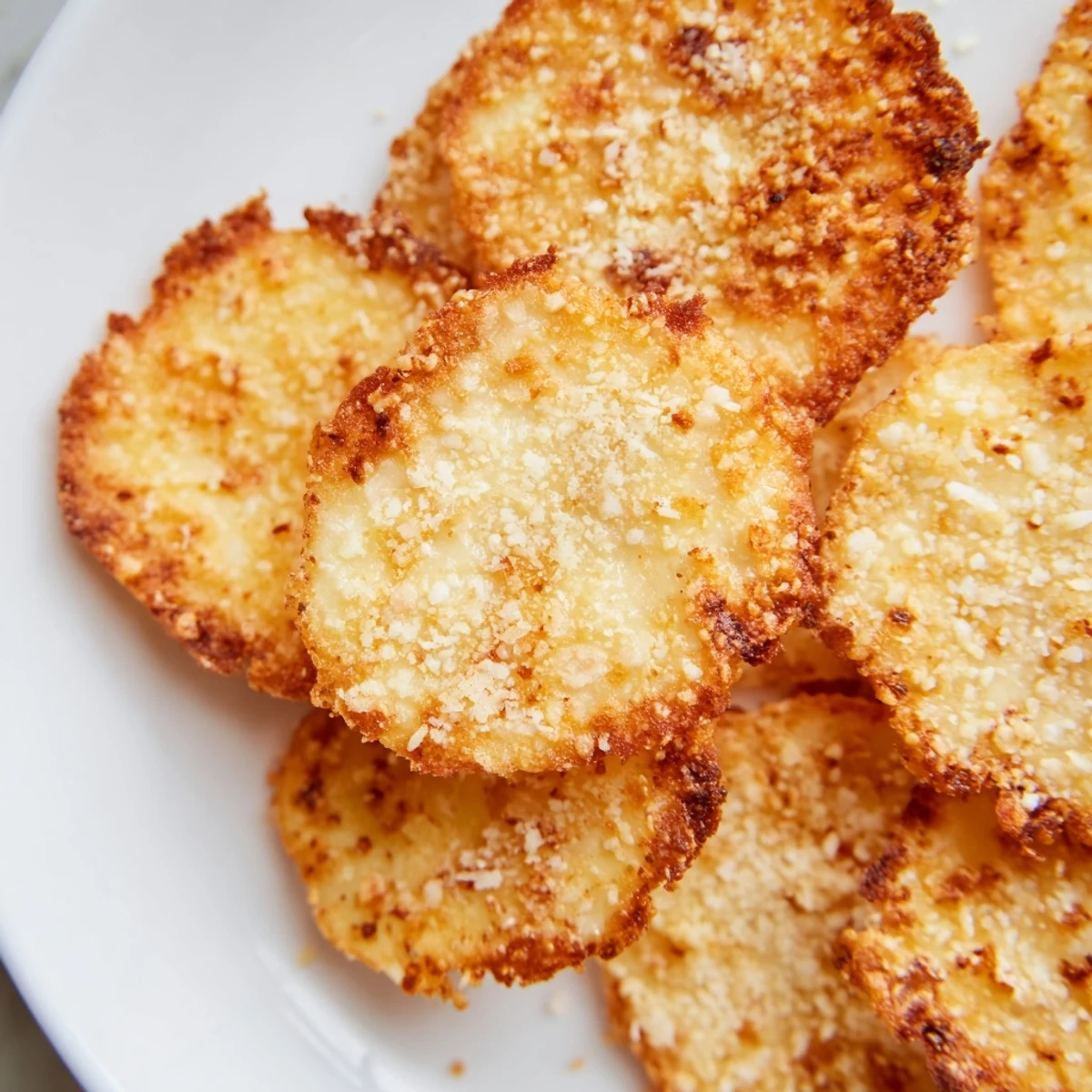 Close-up of thin, golden Cottage Cheese Chips with sea salt, highlighting their crunchy edges and savory seasoning blend.