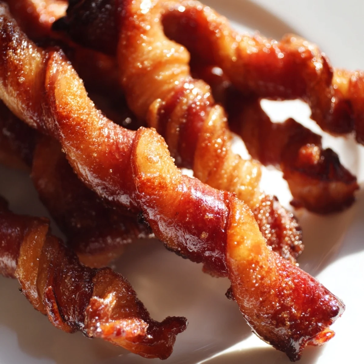 Golden-brown Spiced Bacon Twists glisten with cinnamon sugar, arranged on a wire rack after baking.