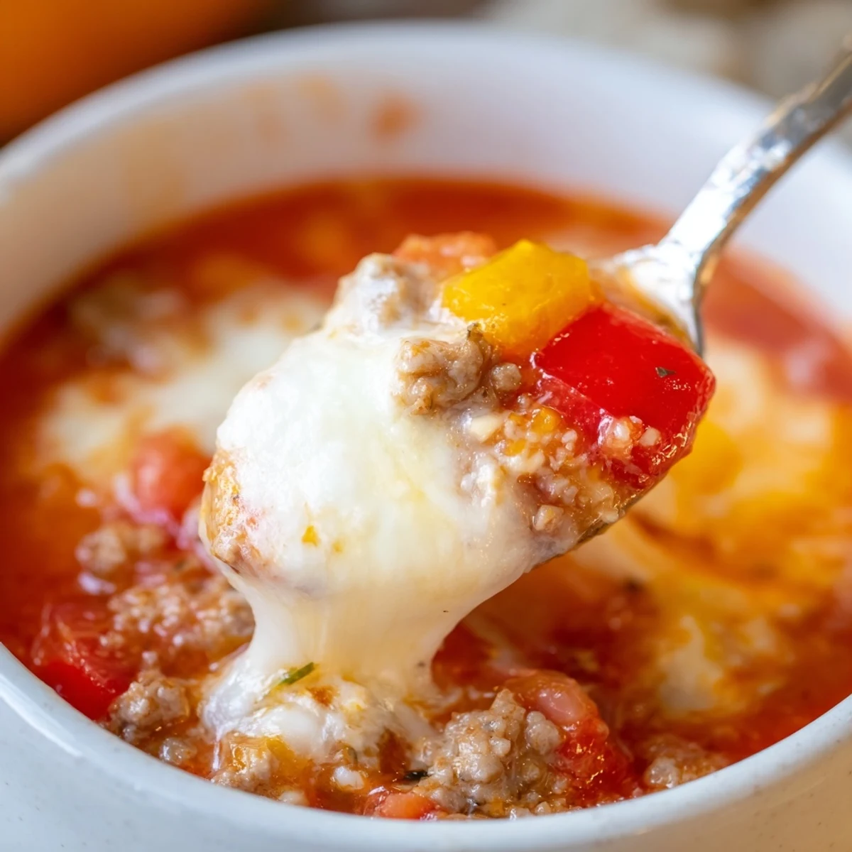 Steaming Pizza Soup with hearty sausage, tomato-rich broth, and fresh basil garnish for a cozy meal.
